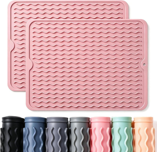 2 Pack Silicone Dish Drying Mat for Kitchen Counter Cooking Baking Liners Drawer Storage Refrigerator Espresso Machine Station Utensil Holder Washer Trivets Oven Tools 15"x11.5" Pink