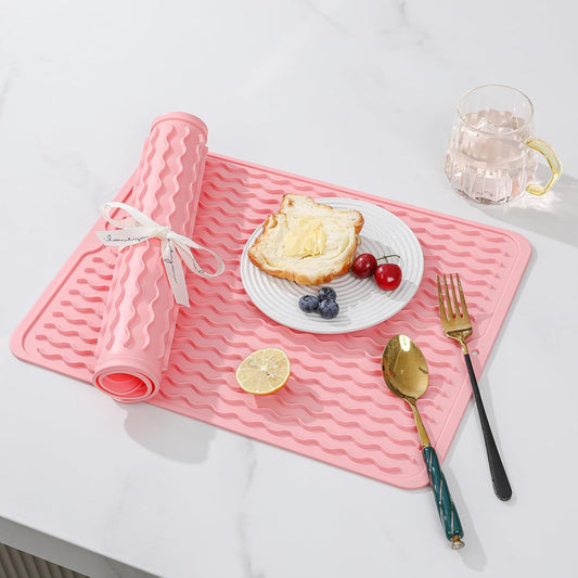 2 Pack Silicone Dish Drying Mat for Kitchen Counter Cooking Baking Liners Drawer Storage Refrigerator Espresso Machine Station Utensil Holder Washer Trivets Oven Tools 15"x11.5" Pink