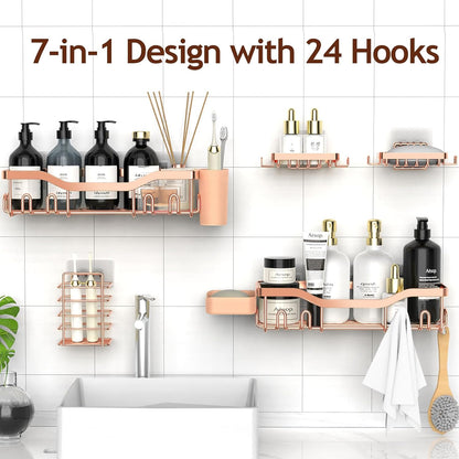 NESOMI Shower Caddy Adhesive Shower Organizer 7-Pack, Rustproof Stainless Steel Bathroom Shelves, Large Capacity No-Drill Rack Storage Accessories with Soap Dish Toothbrush Holder Hooks