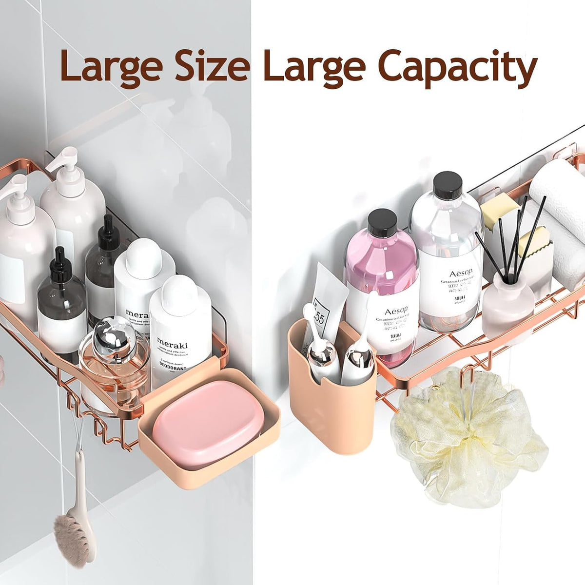 NESOMI Shower Caddy Adhesive Shower Organizer 7-Pack, Rustproof Stainless Steel Bathroom Shelves, Large Capacity No-Drill Rack Storage Accessories with Soap Dish Toothbrush Holder Hooks