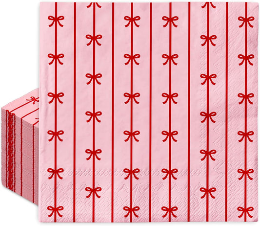 JarThenaAMCS 50 Pcs Bow Paper Napkins Mini Red Bow Knot Disposable Luncheon Napkins Pink Decorative Dinner Hand Napkin for Wedding Birthday Bridal Shower