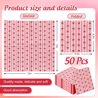JarThenaAMCS 50 Pcs Bow Paper Napkins Mini Red Bow Knot Disposable Luncheon Napkins Pink Decorative Dinner Hand Napkin for Wedding Birthday Bridal Shower