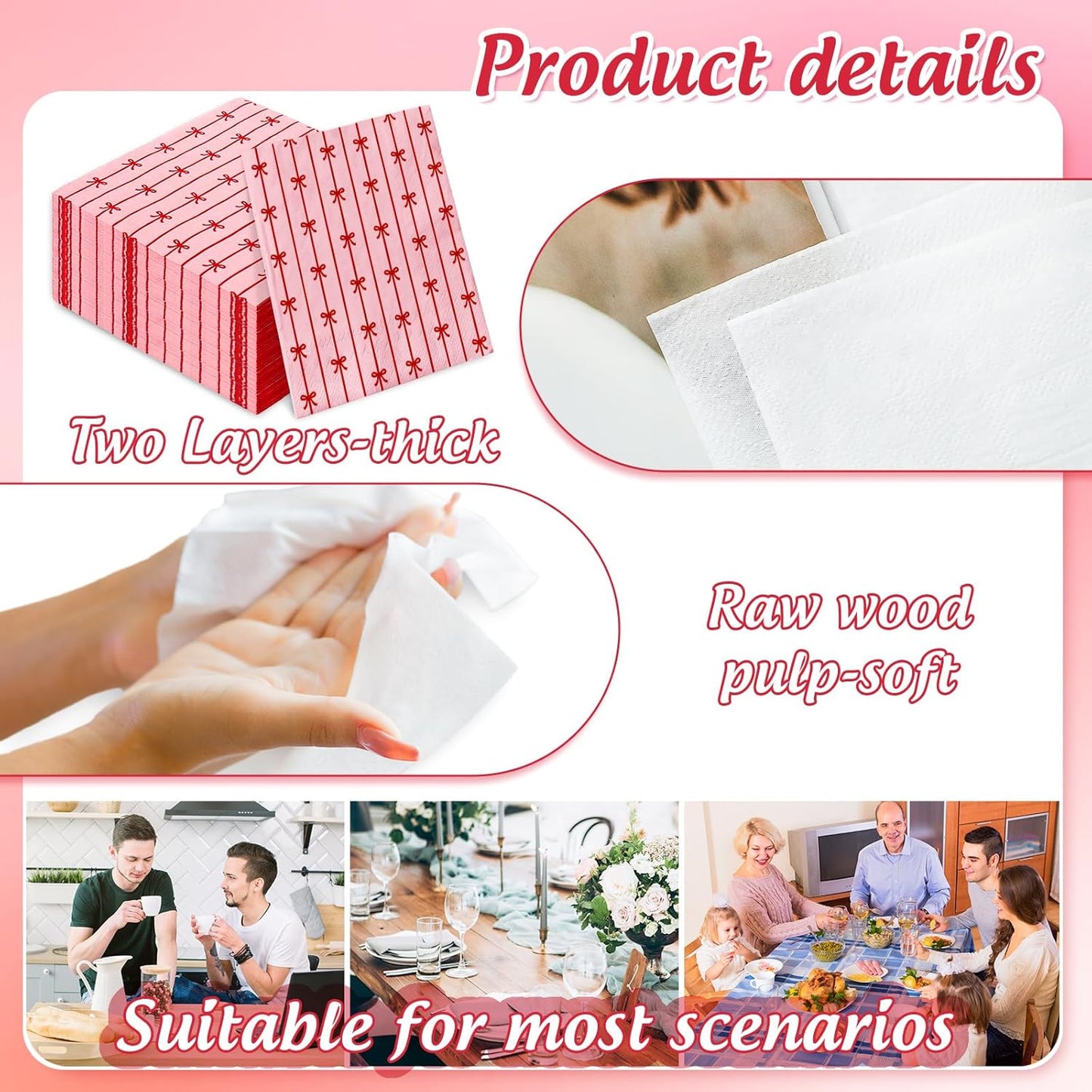 JarThenaAMCS 50 Pcs Bow Paper Napkins Mini Red Bow Knot Disposable Luncheon Napkins Pink Decorative Dinner Hand Napkin for Wedding Birthday Bridal Shower
