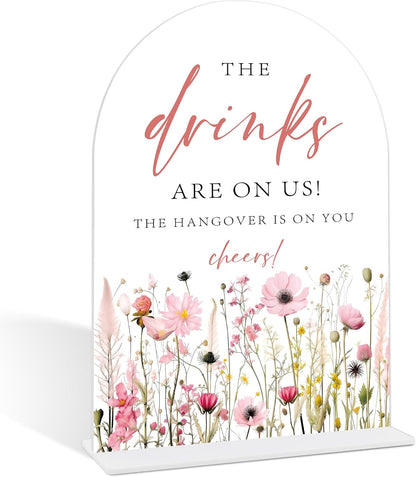 Wedding Bar Sign, Pink Flower Style Acrylic Arch Sign With Base, Flower Bar Supplies, Home Bar Decor, Party Supplies, Bridal Shower Centerpieces For Tables, Wedding Reception Decorations-15