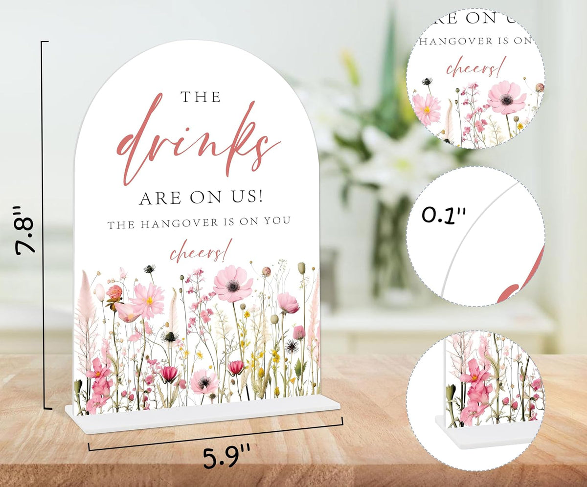 Wedding Bar Sign, Pink Flower Style Acrylic Arch Sign With Base, Flower Bar Supplies, Home Bar Decor, Party Supplies, Bridal Shower Centerpieces For Tables, Wedding Reception Decorations-15