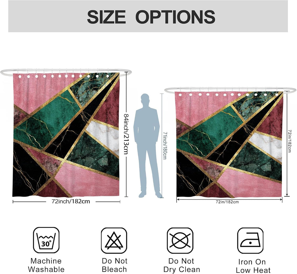 Geometric Shower Curtain, Peach Green Black White Modern Art Bathroom Decor, Spring Summer Stylish Waterproof Fabric Shower Curtain with Hooks 72x84 Inch