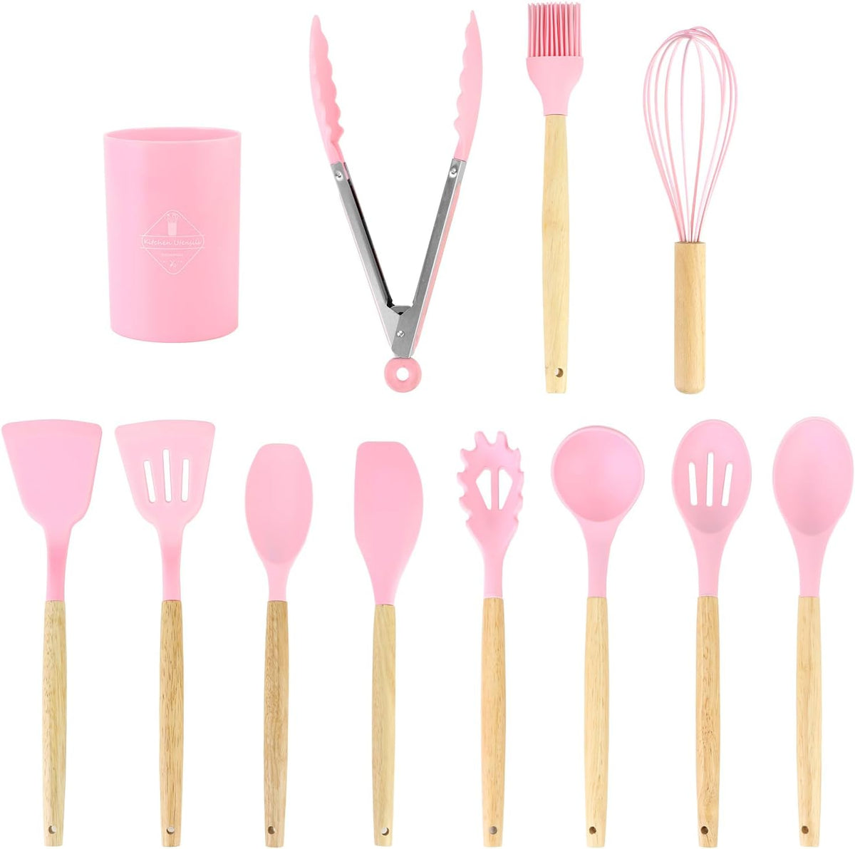12 PCS Silicone Kitchen Utensils Set with Wood Handle – Pink Tools