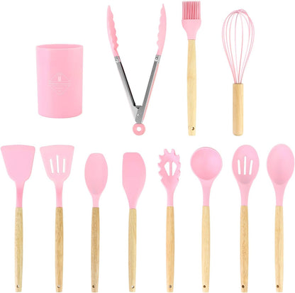 12 PCS Silicone Kitchen Utensils Set with Wood Handle – Pink Tools