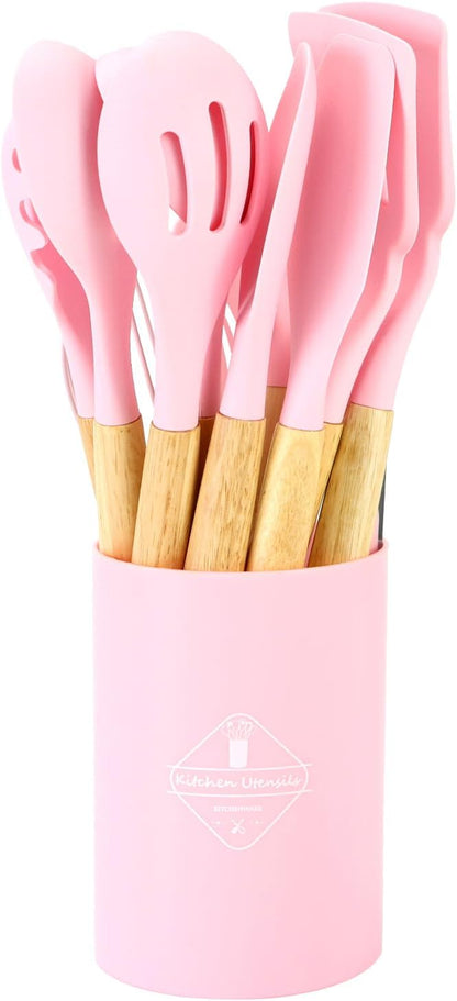 12 PCS Silicone Kitchen Utensils Set with Wood Handle – Pink Tools