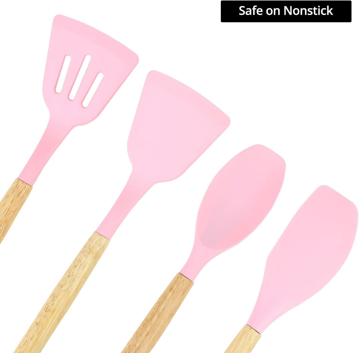 12 PCS Silicone Kitchen Utensils Set with Wood Handle – Pink Tools