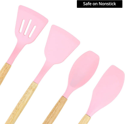12 PCS Silicone Kitchen Utensils Set with Wood Handle – Pink Tools