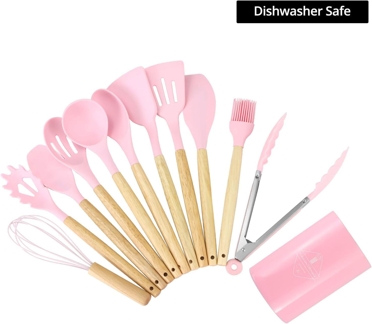 12 PCS Silicone Kitchen Utensils Set with Wood Handle – Pink Tools