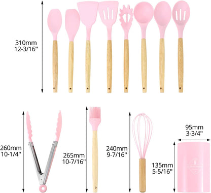 12 PCS Silicone Kitchen Utensils Set with Wood Handle – Pink Tools