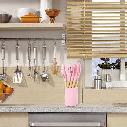 12 PCS Silicone Kitchen Utensils Set with Wood Handle – Pink Tools