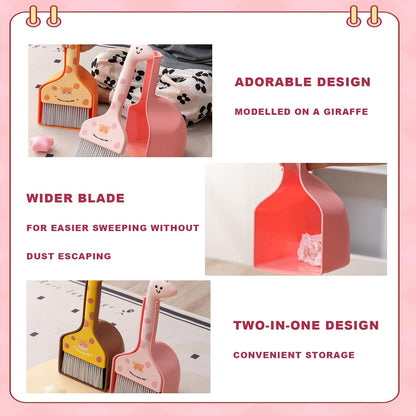Mini Broom and Dustpan Set Cartoon Small Broom with Dustpan Combo Set Cute Cleaning Kit for Home Office Floor (Pink)