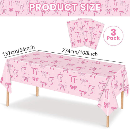 3 Pack Pink Bow Party Tablecloths 54 x 108 Inch