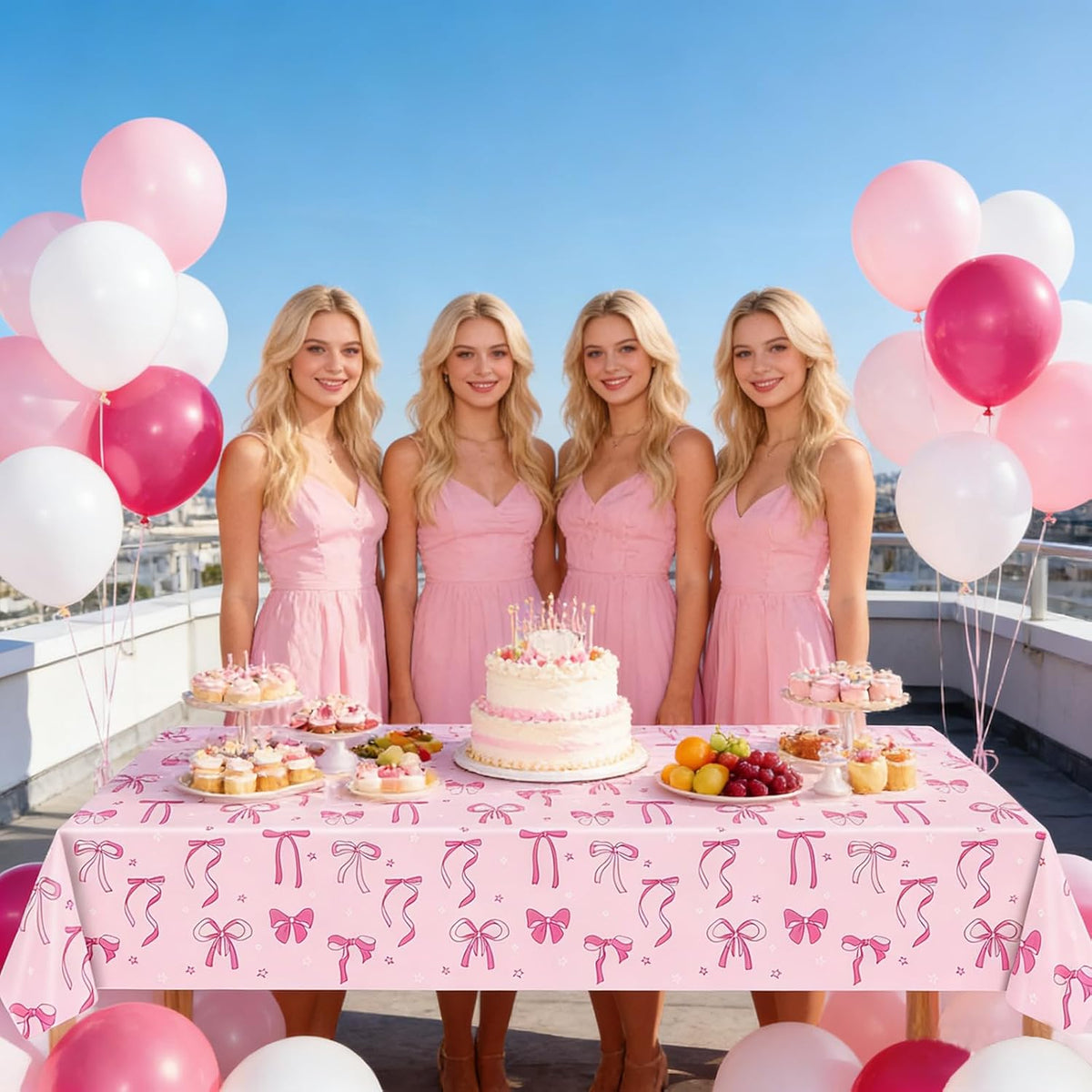3 Pack Pink Bow Party Tablecloths 54 x 108 Inch