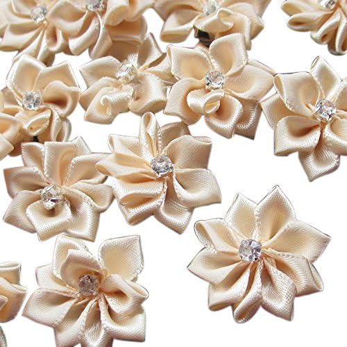 Beige(More Like Pink/Peach) 40pcs 28mm(1 1/8") Ribbon Flowers Bows Rhinestone Wedding Ornament Appliques