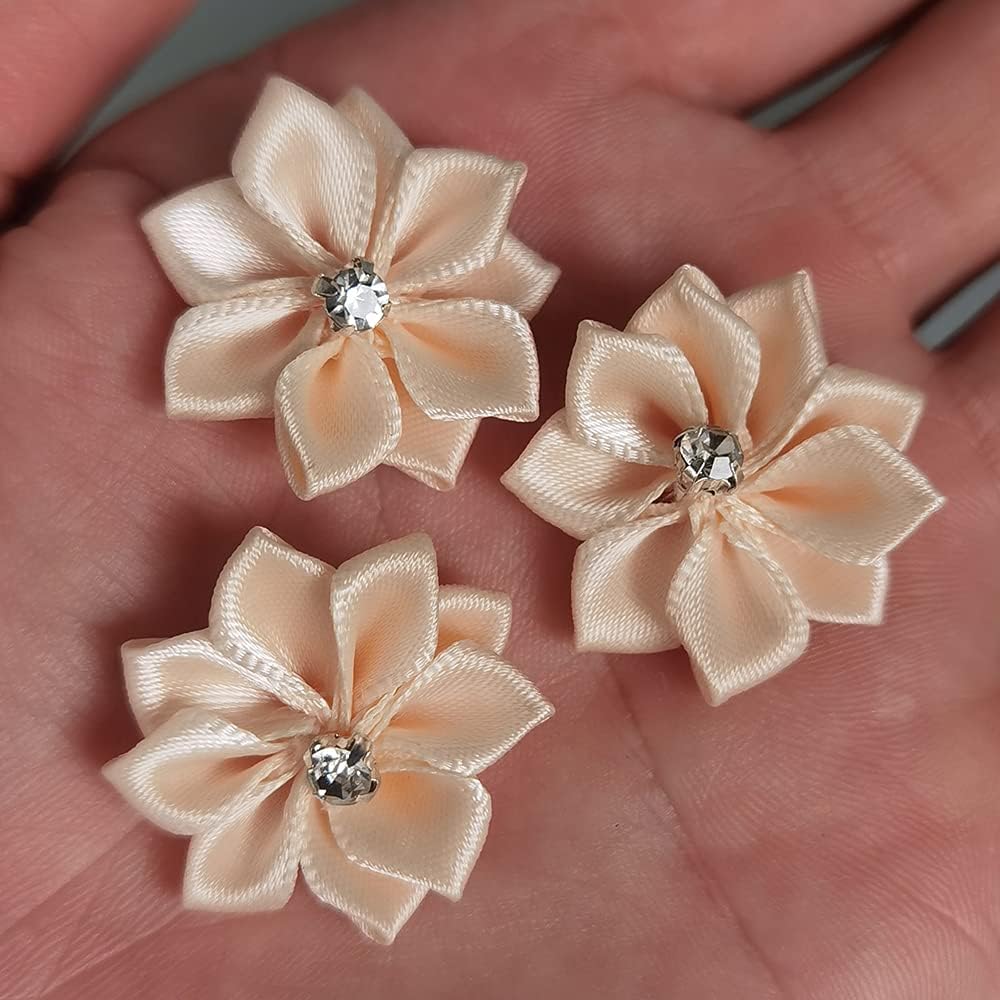 Beige(More Like Pink/Peach) 40pcs 28mm(1 1/8") Ribbon Flowers Bows Rhinestone Wedding Ornament Appliques