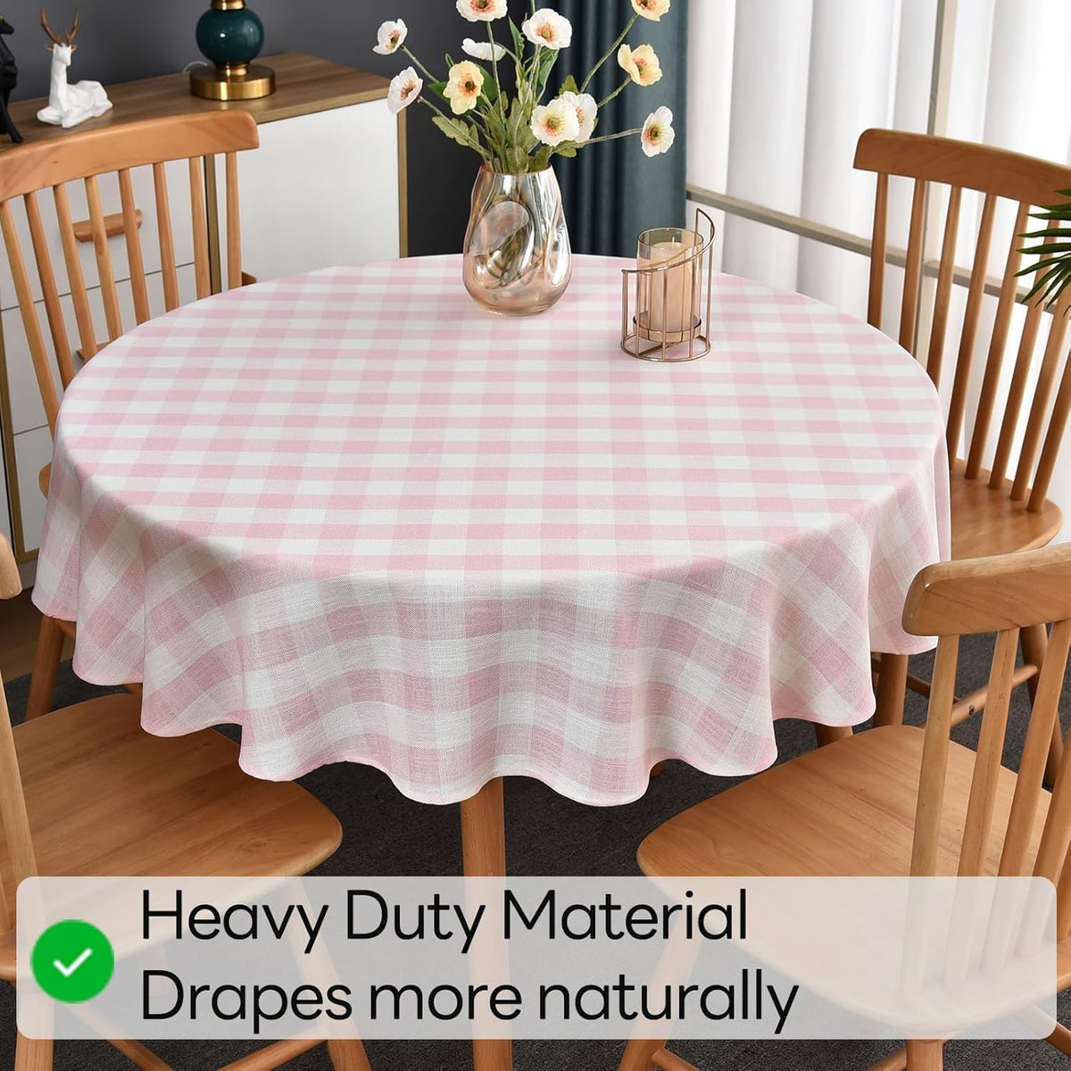 Gingham Table Cloth for Round Tables Pink Checkered Plaid Tablecloth Heavy Duty Cotton Blend Washable & Wrinkle Table Cover for Outdoor Kitchen Dining Picnic Camping (53 inch Diameter)
