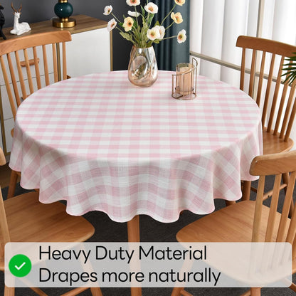 Gingham Table Cloth for Round Tables Pink Checkered Plaid Tablecloth Heavy Duty Cotton Blend Washable & Wrinkle Table Cover for Outdoor Kitchen Dining Picnic Camping (53 inch Diameter)