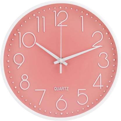 Wall Clock Non-Ticking Silent Modern Simple Style Round Decor Clock Stereoscopic Dial Quartz Wall Clocks for Home/Office/School/Living Room/Bedroom/Kitchen (Peach Pink, 8inch)