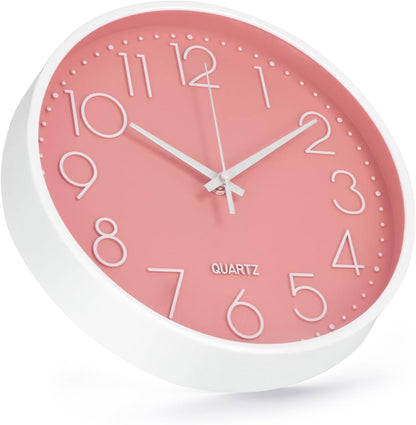 Wall Clock Non-Ticking Silent Modern Simple Style Round Decor Clock Stereoscopic Dial Quartz Wall Clocks for Home/Office/School/Living Room/Bedroom/Kitchen (Peach Pink, 8inch)
