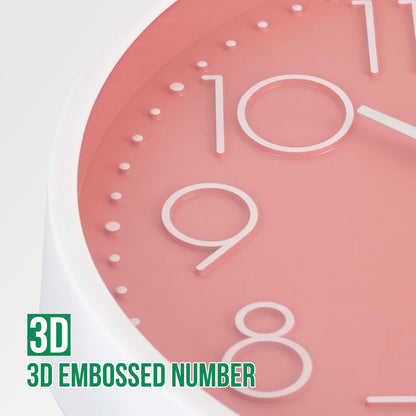 Wall Clock Non-Ticking Silent Modern Simple Style Round Decor Clock Stereoscopic Dial Quartz Wall Clocks for Home/Office/School/Living Room/Bedroom/Kitchen (Peach Pink, 8inch)