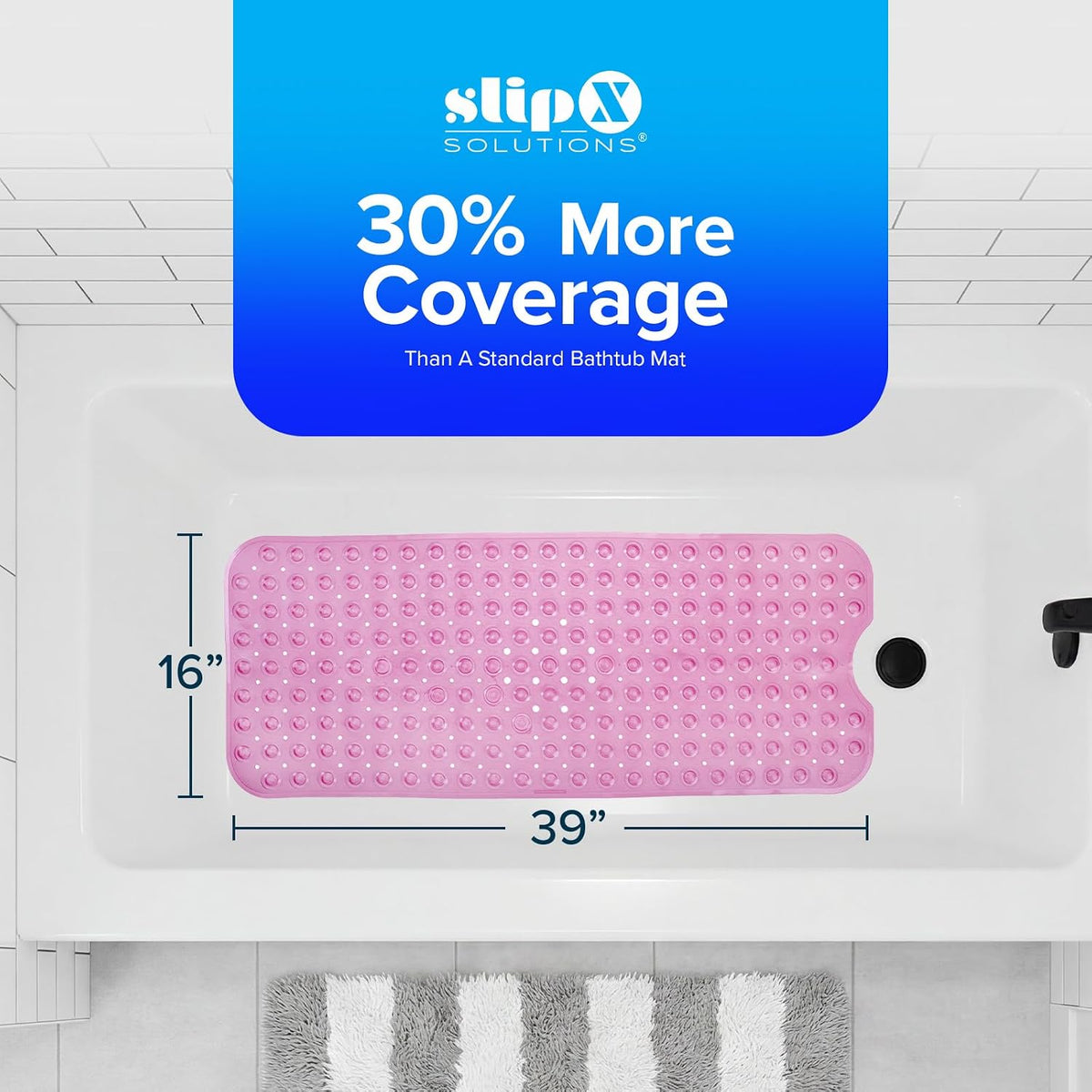 39x16 Extra Long Non Slip Bath Mat, Tub & Shower, Pink