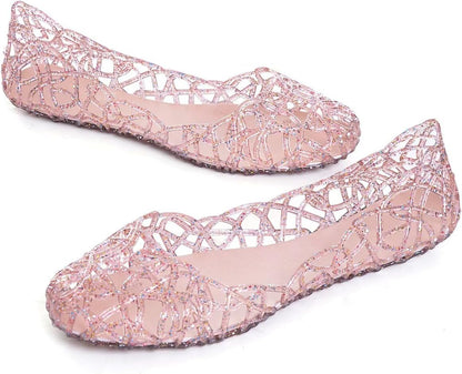Women Beach Jelly Shoes Slip On Crystal Summer Hollow Ballet Flats
