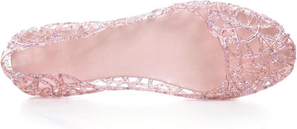 Women Beach Jelly Shoes Slip On Crystal Summer Hollow Ballet Flats