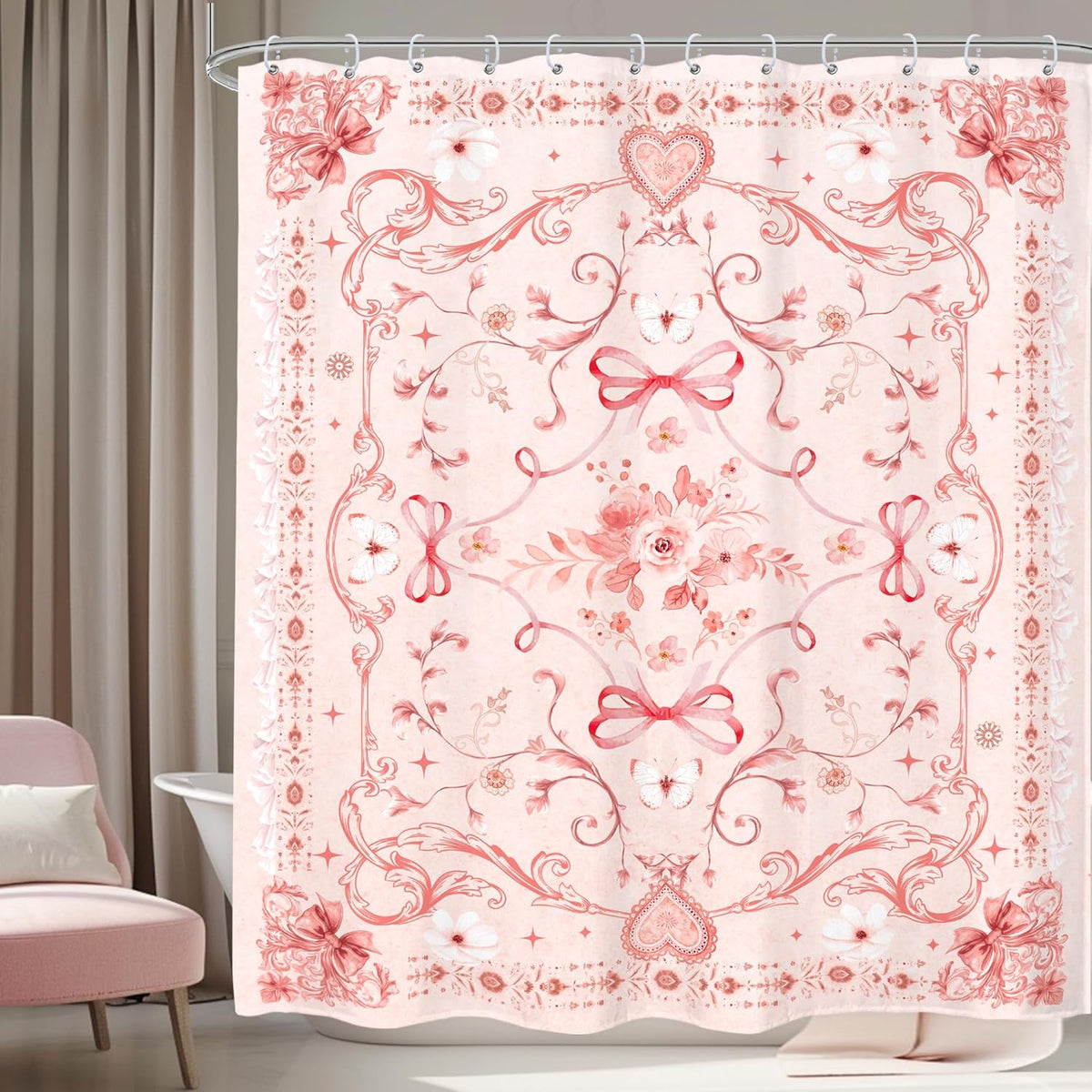 Pink Girly Shower Curtain 60x72 Cute Boho Bow Teen Girl Bathroom Decor