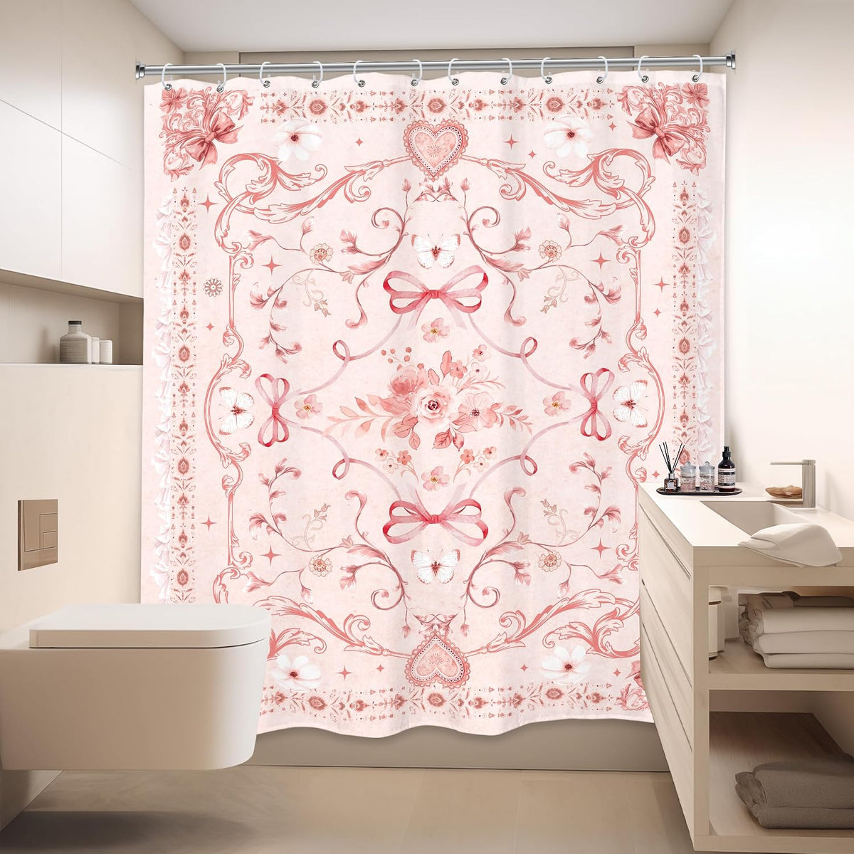 Pink Girly Shower Curtain 60x72 Cute Boho Bow Teen Girl Bathroom Decor