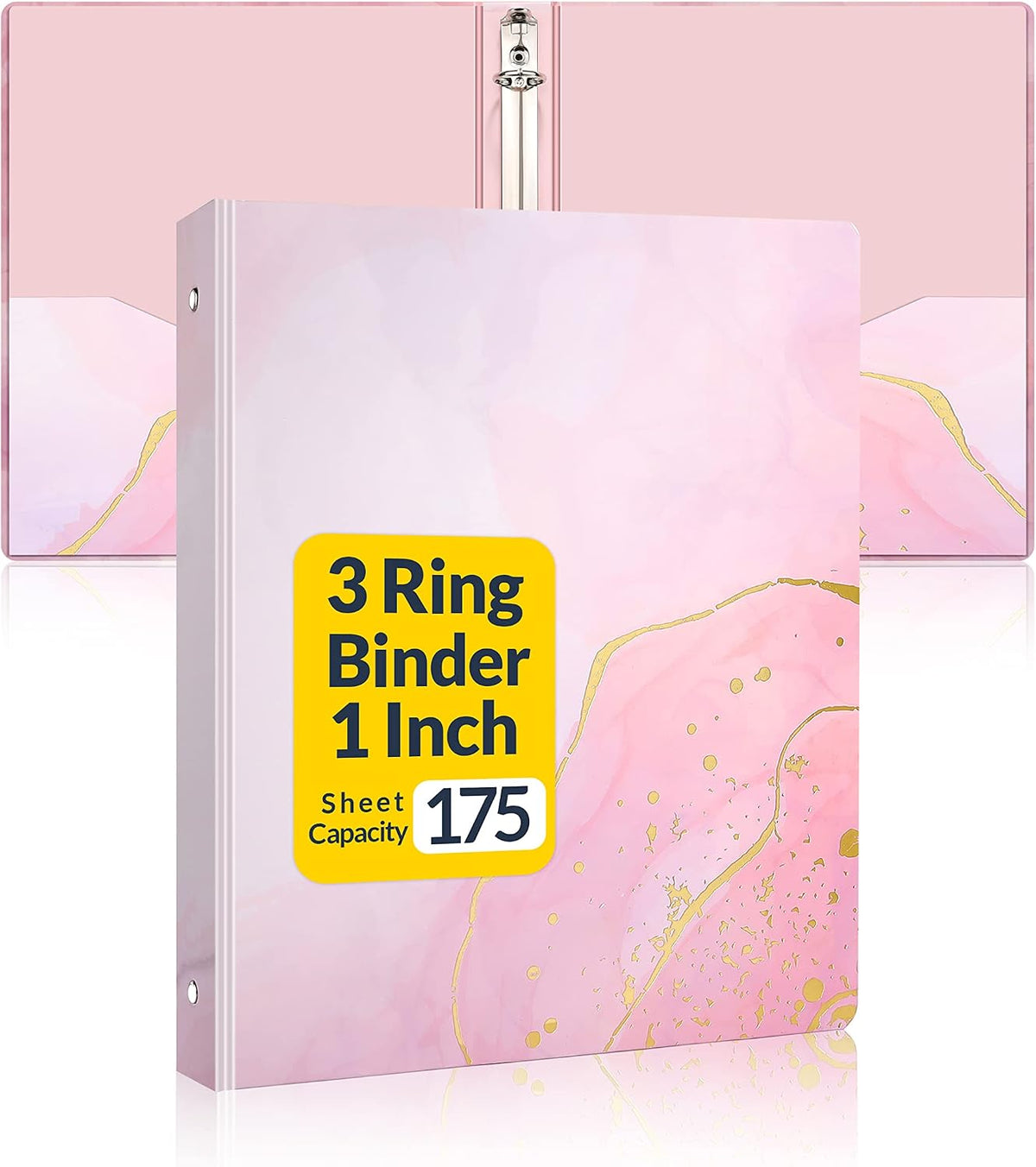 1 Inch 3 Ring Binder, Pink Binder, Cute Binder with 2 Pockets, Heavy Duty Letter Size Organizer for School and Office Supplies (8.5 x 11 Inches), Pink Marble Design