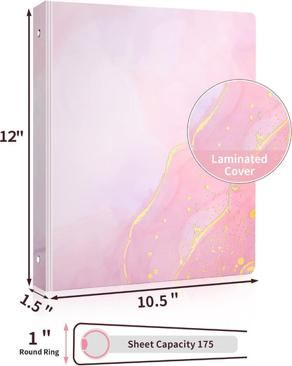 1 Inch 3 Ring Binder, Pink Binder, Cute Binder with 2 Pockets, Heavy Duty Letter Size Organizer for School and Office Supplies (8.5 x 11 Inches), Pink Marble Design