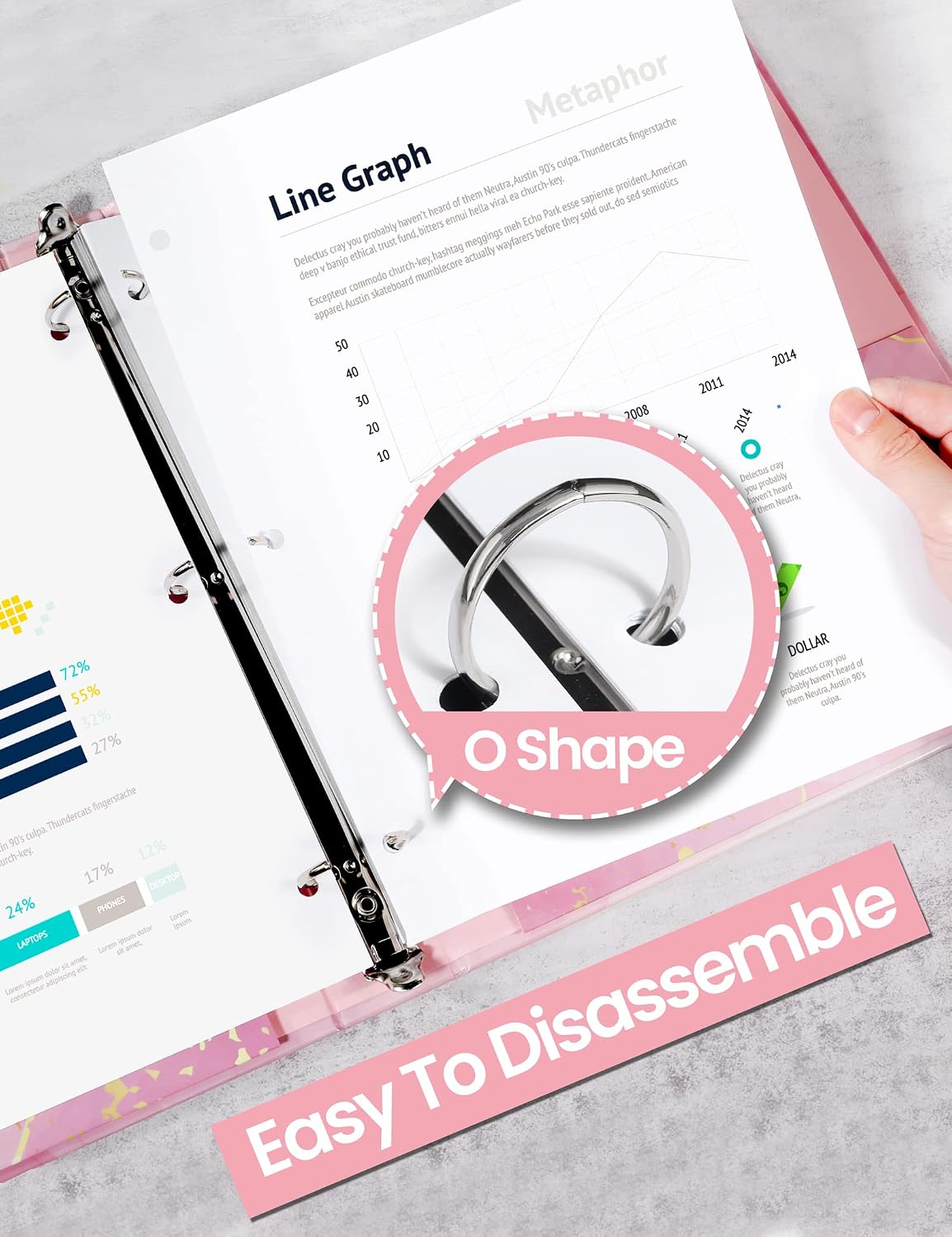 1 Inch 3 Ring Binder, Pink Binder, Cute Binder with 2 Pockets, Heavy Duty Letter Size Organizer for School and Office Supplies (8.5 x 11 Inches), Pink Marble Design