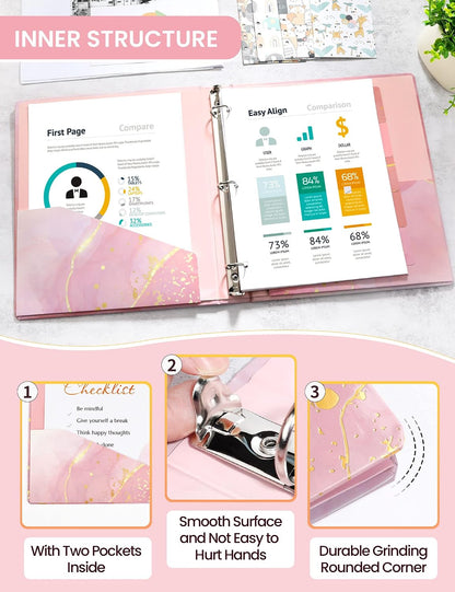 1 Inch 3 Ring Binder, Pink Binder, Cute Binder with 2 Pockets, Heavy Duty Letter Size Organizer for School and Office Supplies (8.5 x 11 Inches), Pink Marble Design