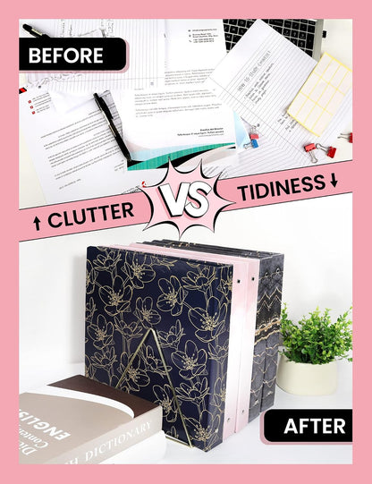 1 Inch 3 Ring Binder, Pink Binder, Cute Binder with 2 Pockets, Heavy Duty Letter Size Organizer for School and Office Supplies (8.5 x 11 Inches), Pink Marble Design