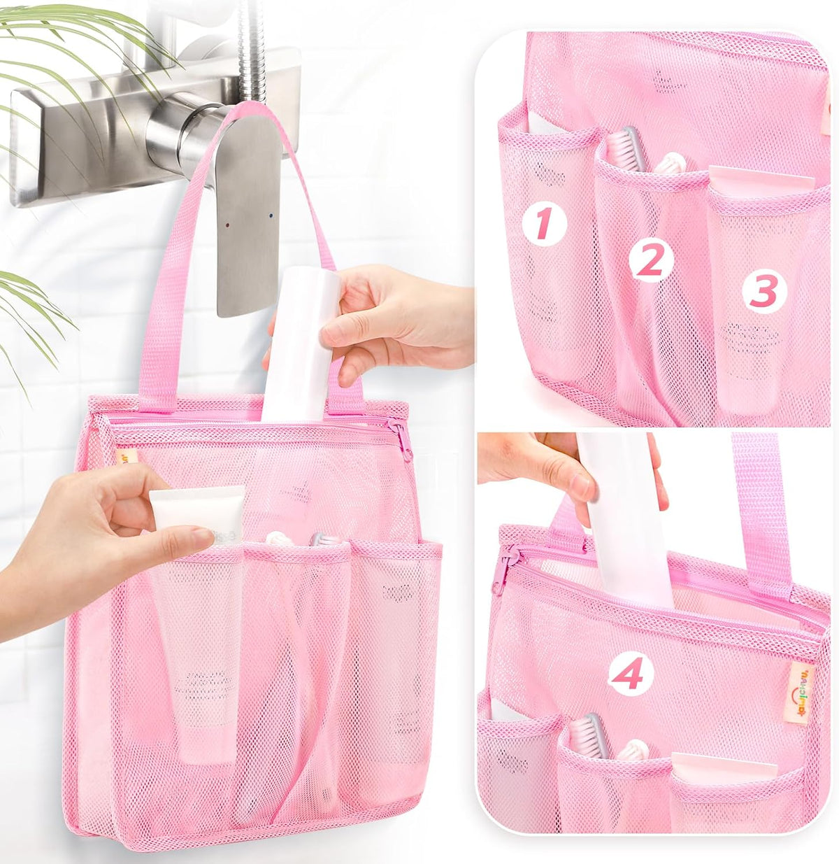Mesh Shower Caddy Portable, Gym Travel Camp Dorm Room Essentials for Women and College Girl, Pink Bathroom Shower Bag