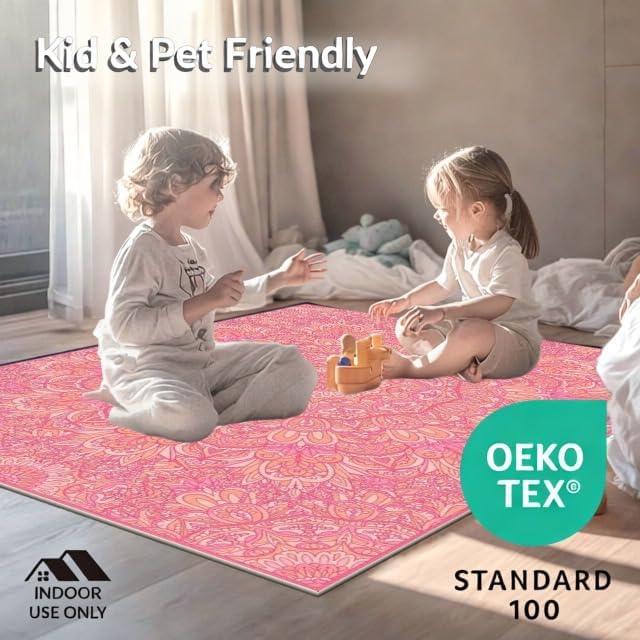 Design&I 4'x6' Easy Clean Abstract Abstract Accent Rug, Coral for Playroom, Bedroom, Reading Nook, Sleek Flatweave Pet Friendly & Non-Slip Built-in Grip Floor Covering | 2163978
