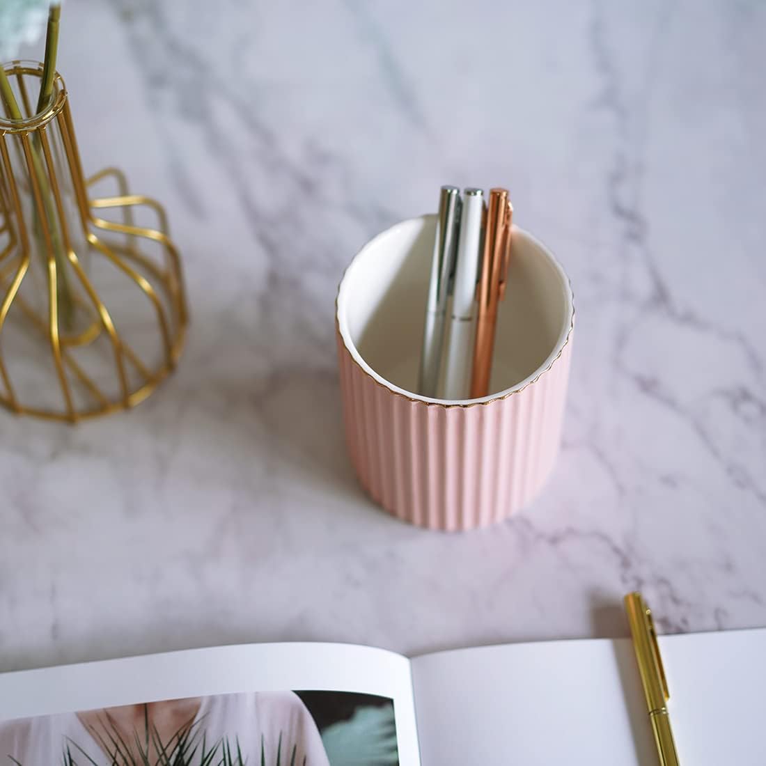 CROWNOS Pen Holder for Desk, Ceramic Pencil Cup Office Desk Organizer, Makeup Brush Holder (Pink)