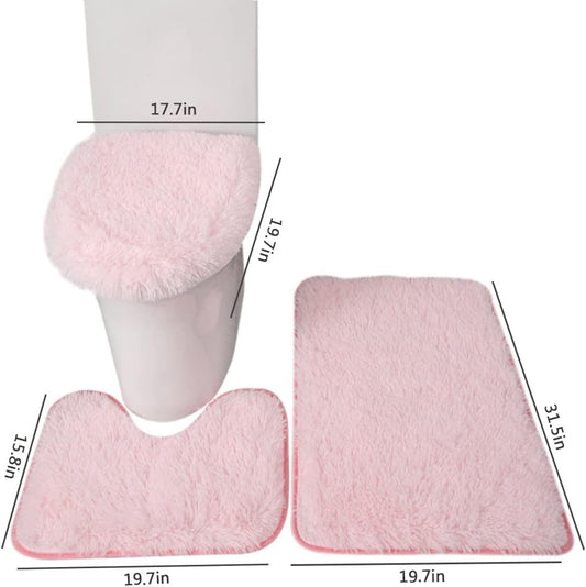 BXEBUI Microfiber Bathroom Rug Sets 3 Piece, Non Slip Contour Mat Toilet Lid Cover and Bath Rug Mats Shower Mats for Bathroom Tub Toilet (Pink)
