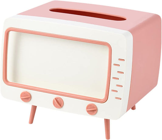 Retro TV Tissue Box Facial Dispenser Cover Holder with Phone Stand Innovative Table Centerpiece for Bedroom Home Office Pink