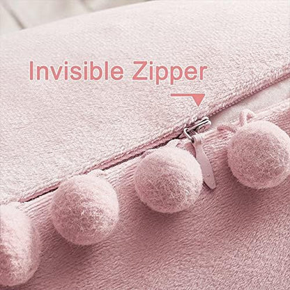 Topfinel Blush Pink Decorative Throw Pillow Covers for Couch Bed 20x20 Soft Velvet Pillow Coveres Set of 2 Cute Square Cushion Covers with Pom-poms for Bedroom Livingroom Aesthetic Home Decor