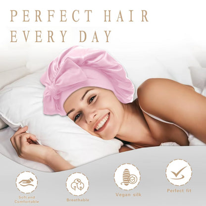 VECIIR Silk Bonnet for Sleeping Women, Ajustable Hair Bonnet for Curly Hair with Tie Band Shower Caps Pink，Large