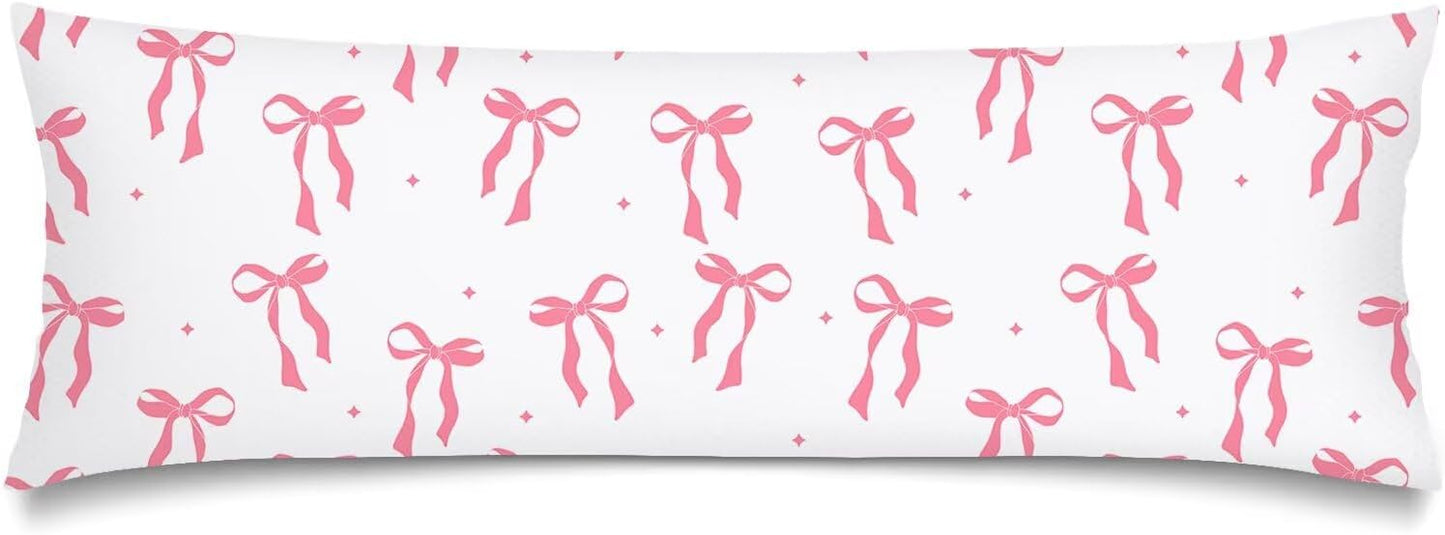 Pink Ribbon Bow Lumbar Pillow Cover 14x36 Long Body Pillow Covers for Bed,Decorative Accent Throw Pillows Cover with Zipper Bedroom Decor Pillows Cases White and Pink Couch Pillowcase for Sofa