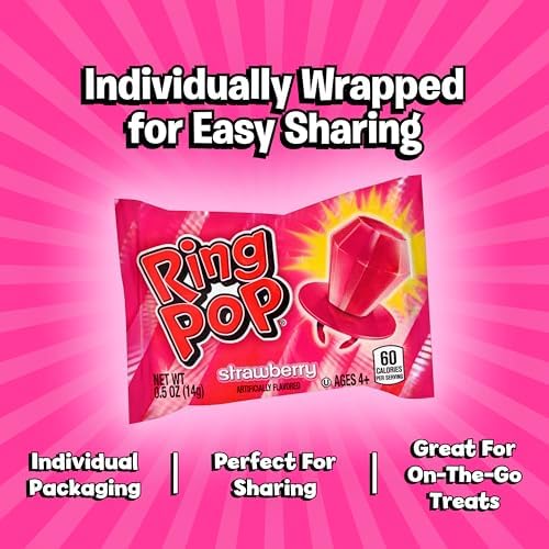 Ring Pop Individually Wrapped Pink Candy, Strawberry 30 Count Lollipop Bulk Pack – Lollipop Suckers for Kids, Fun Candy Bulk for Gender Reveal, Bachelorette Party Favors, Kids Party Favors