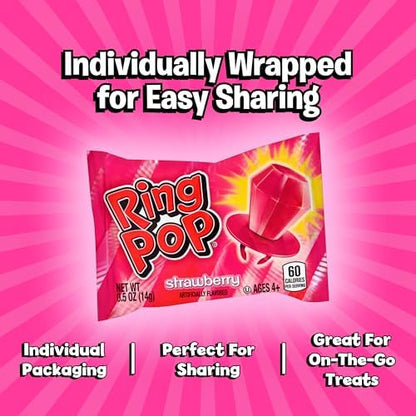 Ring Pop Individually Wrapped Pink Candy, Strawberry 30 Count Lollipop Bulk Pack – Lollipop Suckers for Kids, Fun Candy Bulk for Gender Reveal, Bachelorette Party Favors, Kids Party Favors