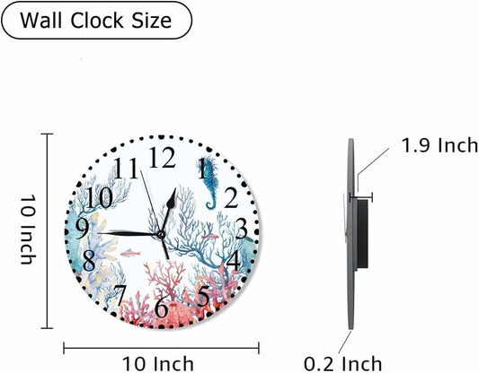 Watercolor Corals Wall Clock 10 Inch Battery Operated Underwater Fishes Blue Hippocampus Beautiful Ocean Clock Silent Non-Ticking Modern Clocks Decorative for Home Kitchen Living Room Bathroom Office