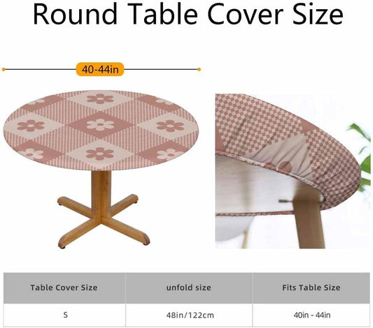 Floral Buffalo Round Fitted Tablecloth Plaid Pixel Pattern Retro Pink Diagonal Stripes Elastic Edge Tablecloth Waterproof Oilcloth Table Cover for 40"-44"